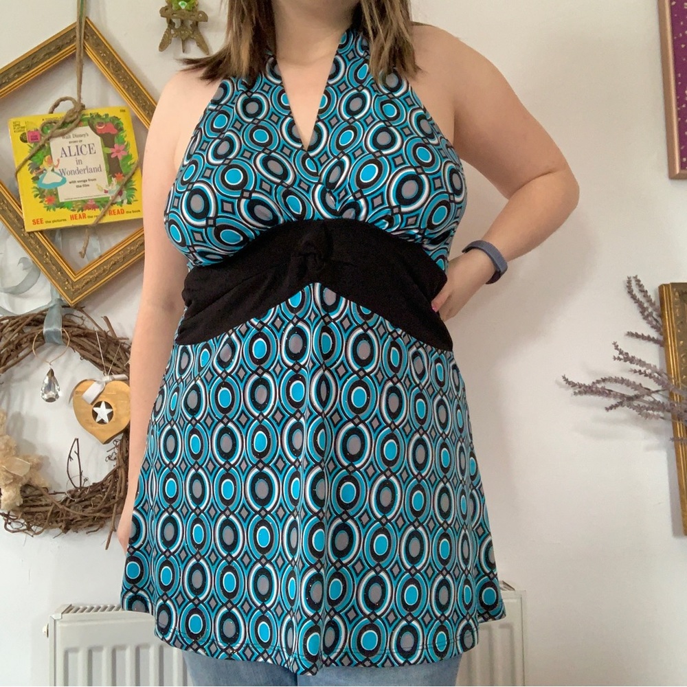Y2K Sexy Geometric Print Babydoll Halter Top Blue & Black XL Sparkly Y2K